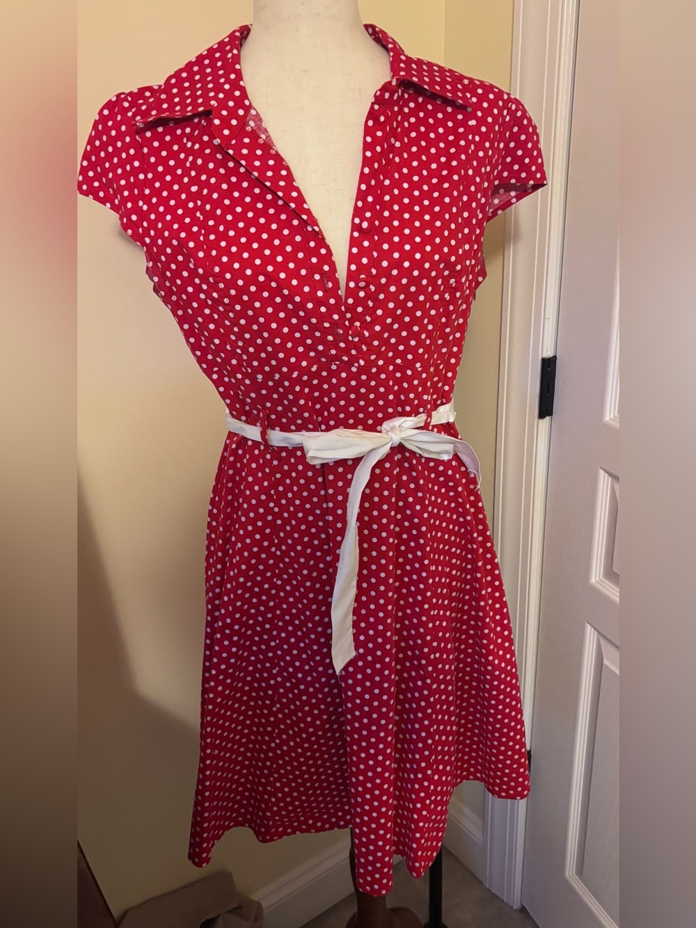Red Polka Dot Midi Dress with White Tie Belt